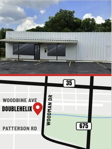 The Double Helix shop at 1721 Woodman Dr, with a map showing it between Woodbine Ave and Patterson Rd